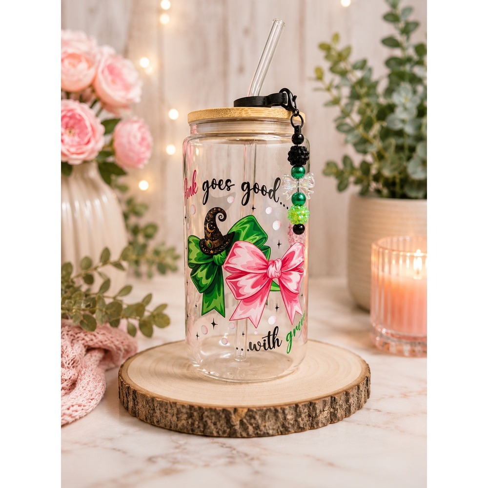 Wicked Glass Can Tumbler 16 oz with Bamboo Lid, Straw and Charm Bundle